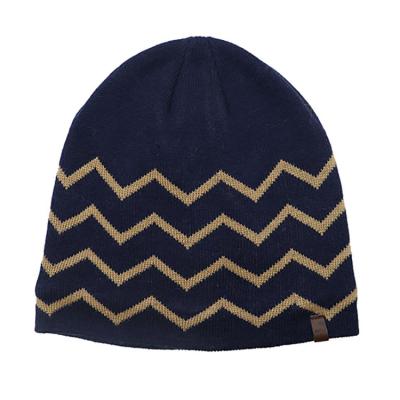 China COMMON High Quality Merino Blended Wave Stripe Jacquard Knitted Winter Beanie Hat With Fleece Lining for sale