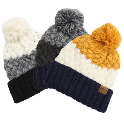 China China COMMON Manufacturers Contrast Color Beanie Hat Unisex Cuff With Pom Yarn for sale