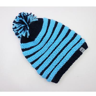 China COMMON Acrylic Striped Jacquard Knitted Pom Pom Beanie Hat Manufacturer Outdoor Cap For Winter With Fleece Lining for sale