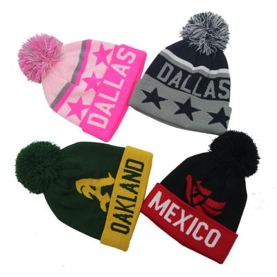 China Custom Jacquard Sports New York logo COMMON Team Knitted Beanie Hat with Pom Pom tassel for cold weather for sale