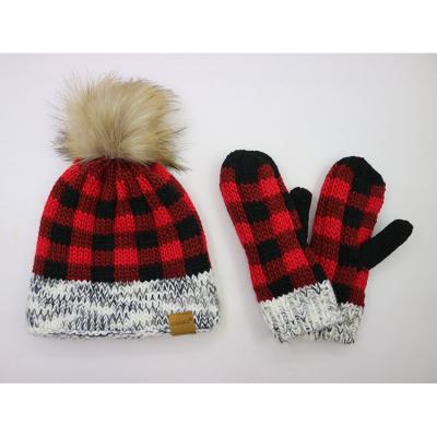 China COMMON Women's Fashion Fleece Striped Faux Fur Pom Pom Buffalo Plaid Acrylic Chunky Knit Beanie Hat and Funky Mittens Set for sale