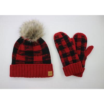 China COMMON Plaid Jacquard Fleece Striped Pom Pom Beanie Winter Hats Mittens and Gloves Set in Different Sizes for Newborn Girls and Women for sale