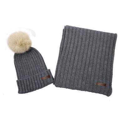 China JOINT Economic Custom Design Wholesale Custom Acrylic Rib Winter Knitted Pom Pom Beanies And Scarf 2pcs Set Hat for sale