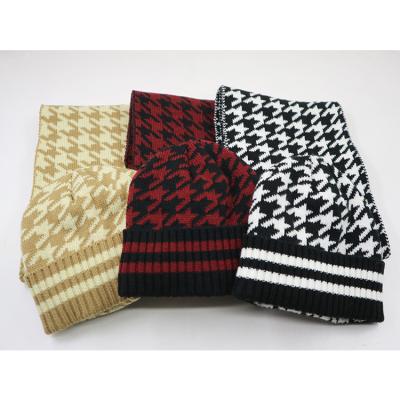 China Soft Houndstooth 2 Piece Set Stylish Collection Knit Beanie Hat And Scarf Set Assortment Winter For Women for sale