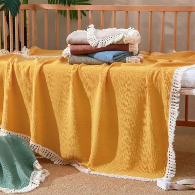 China Baby Tassel Fringe Summer Anti-Static Wrap Cotton White Muslin Baby Wrap Blanket for sale