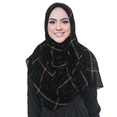 China New Arrival Women's Cotton Head Wrap Muslim Scarf Islamic Rhinestone Plaid Hijab Scarves HW367 for sale