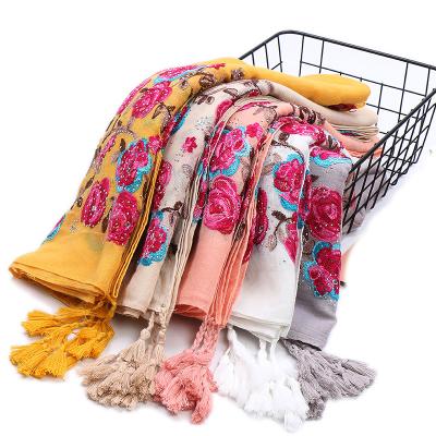 China 2020 New Cotton COTTON 2020 Long Scarf Embroidery Hijab Muslim Tassel Shawl Scarves Headband Turban Wrap GVS184 for sale