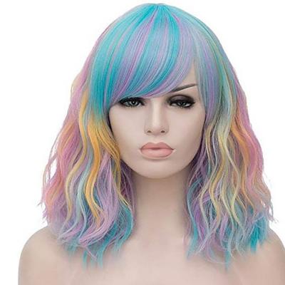 China Short Wave Wig Synthetic Hair Wigs Colored Short Loose Wigs Cosplay Heat Resistant Synthetic Wavy Wigs With Women Straight Bangs for sale