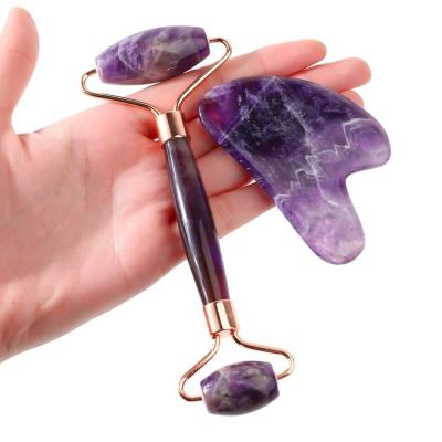 China Double Head Purple Massage Jade Amethyst Facial Roller Crystal Gemstone Face Gua Sha for sale