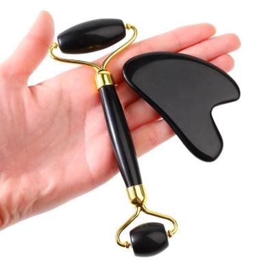 China High Quality Anti Aging Black Stone Double Head Gua Sha Massage Obsidian Jade Facial Roller for sale