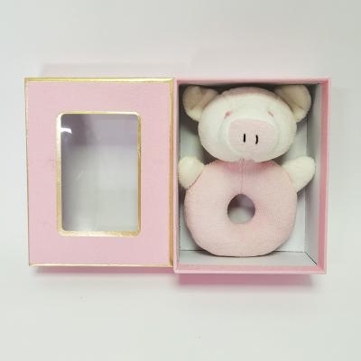 China Cute Logo Design Baby Toy Pink Pig Shape Animal Rattle Gift Customized Lovely With Window Box As A Gift Set for sale