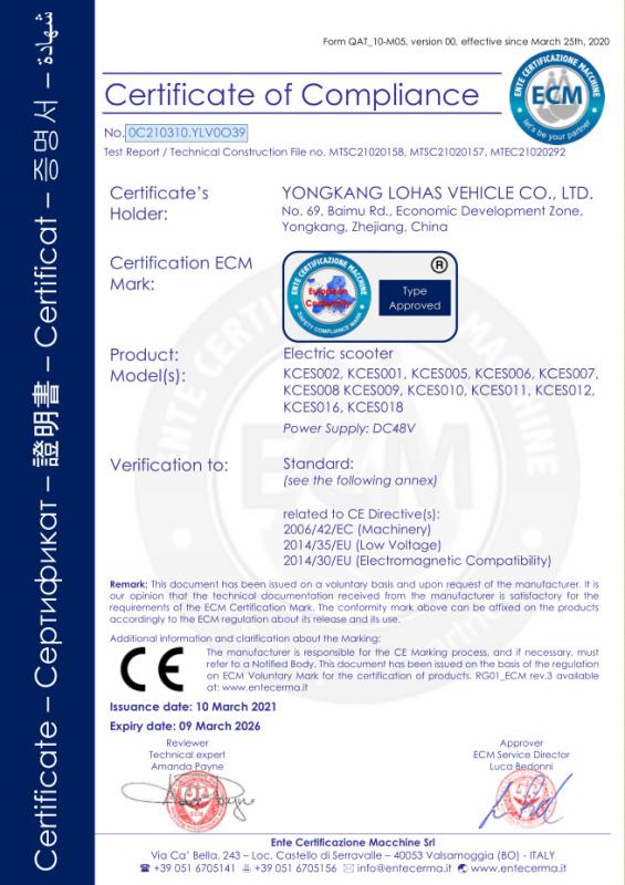 CE - Yongkang Lohas Vehicle Co., Ltd.