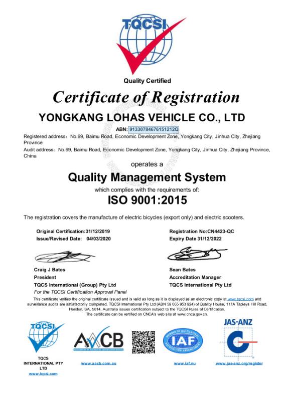 ISO9001 - Yongkang Lohas Vehicle Co., Ltd.