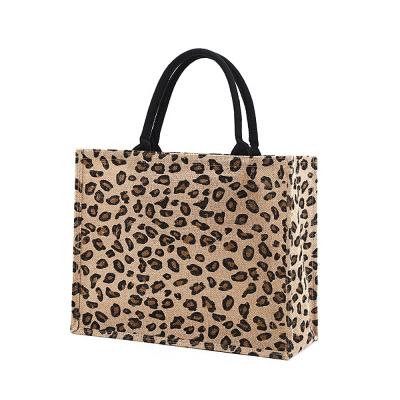 China New Hot Selling Natural Leopard Jute Jute Shopping Tote Sack Hessian Handled Grocery Bag for sale