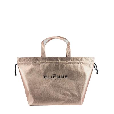 China Good Quality Gold Finish Drawstring Handled Hot Selling Non Woven Metallic Shopping Bags With Custom Logos for sale