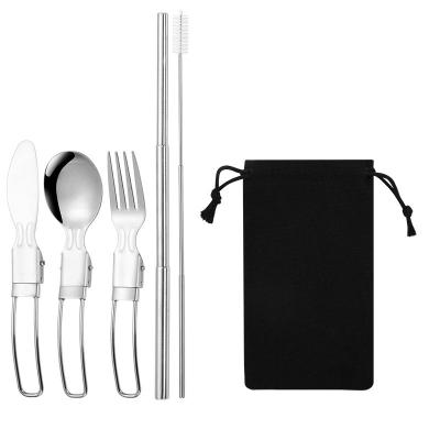 China Amazon 304 Stainless Steel Viable Foldable Cutlery Set Knife Fork Spoon Travel Outdoor Camping Storage Portable Bag for sale