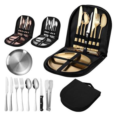 China Picnic Viable Camping Tableware Stainless Steel Travel Cutlery Set Knife Fork Spoon Portable Dish With Carry Bag for sale