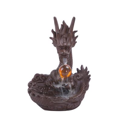 China Handcrafted Ready to Ship Clay Ceramic Purple Dragon with Back Ball Incense Flow Burner Holder Incense Stick Holder for sale