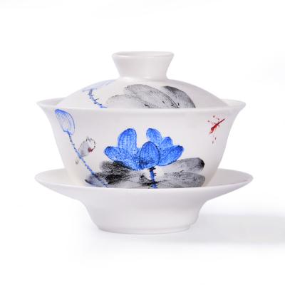 China Viable ready to ship white lotus ceramic matte decal porcelain gaiwan tea cups set gaiwan lid and bowl sancai for sale