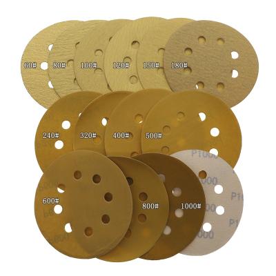 China 5 Hole Polishing 60 Inch 8 80 120 220 320 Grit Hook And Loop Disc Orbital Sandpaper Sander Sanding Gold for sale