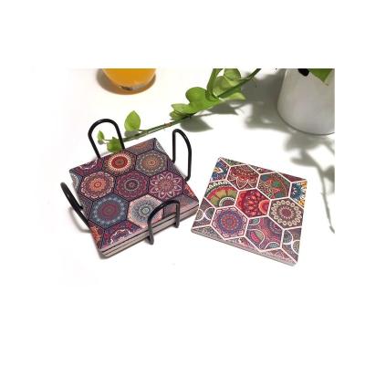 China Sustainable Absorbent Ceramic Drink Coaster Square Ceramic Tea Coaster With Metal Bracket for sale