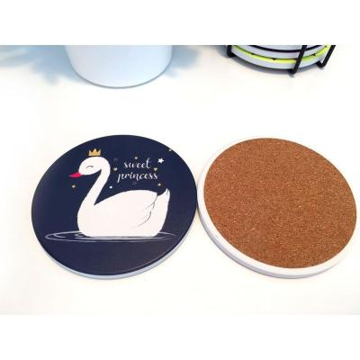 China Financial Institutions High Quality Round Ceramic Coaster With Cute Swan Pattern Black Coaster With Stand for sale