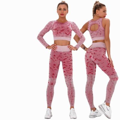 China Antibacterial 6313 3 Piece Top Set Camouflage Dot Leopard Print Women Gym Sportswear Lane Suit Set Yoga Semless Gaiters for sale