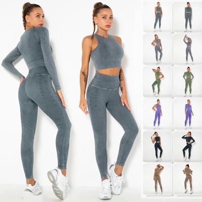 China Workout Wear 6502 Set Long Sleeve Crop Top Breathable Active Seamless Denim Butter Soft Seamless Set for sale