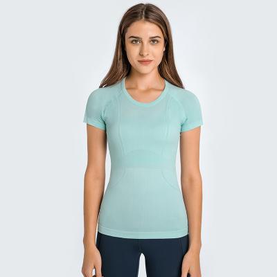 China S2067 lulu breathable lightweight seamless workout shirts for women short sleeve plain pique quick dry gym sport tops for sale