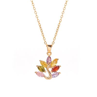 China Romantic Chain Stainless Steel Necklace Ladies 18K Gold With Zirconia Colored Peacock Necklace for sale