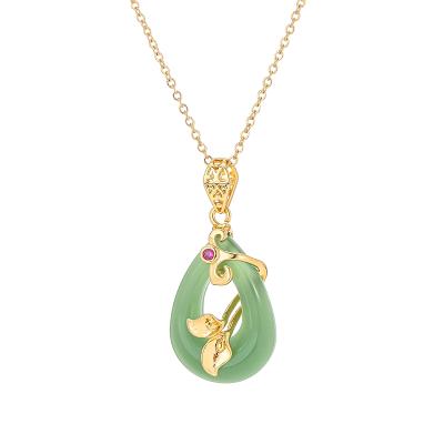 China Fashion Ladies Jewelry 18k Real Exquisite Gold Plated Lotus Flower Circling Drop Pendant Jadeite Jade Necklace White Green Jew for sale