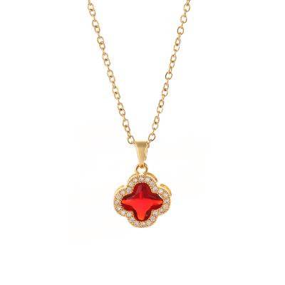 China Cute Chain Stainless Steel Necklace Ladies Fashion With Red Crystal Zirconia Four Leaf Clover Necklace for sale