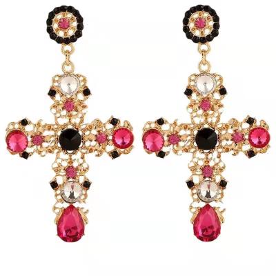 China Hyperbole Factory Wholesale Multicolor Crystal Charm Personality Vintage Dangle Cross Earrings for sale