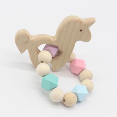 China BPA Free Non-Toxic Wooden Teething Toy Silicone Beads Baby Teether with a Wooden Strap for sale