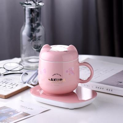 China Ceramic Coffee Cup Constant Temperature Warm Cup Lovely Nordic Creative Cup Viable Cherry Blossom Cat Pattern Office Ceramic Coffee Mug for sale