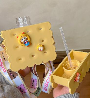 China Creative Straw Bottle Student Summer Casual Design Popsicle Water Cup 380ml Cute Sustainable Cookie Shape With Colorful Strap for sale