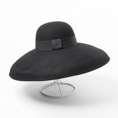 China Formal Black Pure Wool Felt Big Wide Brim Women Winter Fedora Cloche Bowler Hat Ribbon Wedding Party Church Hat for sale