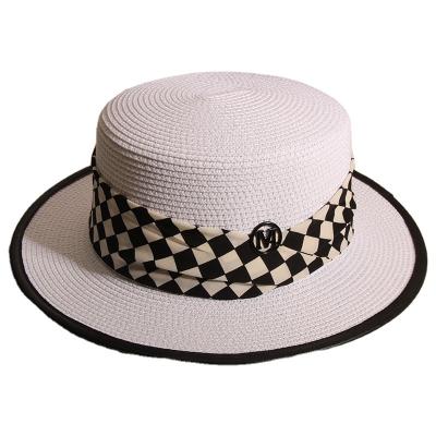 China Character Women Summer Wide Brim Hat Fine Braid UPF50+ Printed Ribbon Band Straw Hat Ladies Boater Sun Hat For Beach for sale