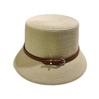 China 2022 New Character Women Sun Hat Solid Color Belt Decoration Straw Bucket Hat Flat Top Summer Hat For Beach Derby for sale