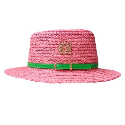 China Character Raffia Straw Hat Flat Top Green PU Ribbon Breathable Summer Hat For Women Fedora Wide Brim Boater Hat Beach for sale