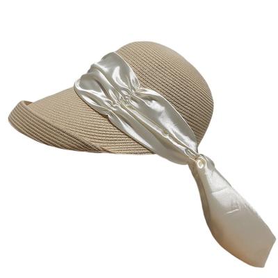 China Straw Hats Ladies Bowknot Summer Stylish Character Ribbon Stripe Beach Hat Women Sun Cap Sun Hat Long for sale