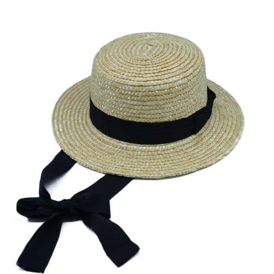 China Wholesale Straw Hat Flat Top Ribbon Wide Brim Long Ribbon Band Kids Straw Hat Kids Summer Sun Hat For Beach Travel for sale