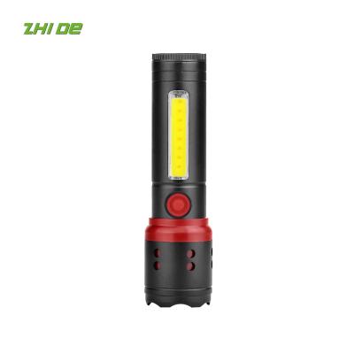 China Super Bright Micro Rechargeable Built-in Zoom Backup USB Lithium Battery XPE LED Telescopic Flashlight With COB Side Lamp for sale