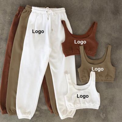 China 2022 Hot Selling QUICK DRY Custom Logo Joggers 2 Piece Crop Tops Women Cotton Comfortable Workout Two Piece Set 2 Piece Set for sale