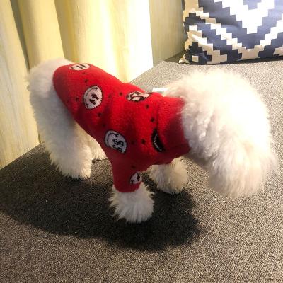 China Sustainable Ready To Ship Winter New Year Christmas Red Pet Clothes Cable Knitted Dog Jumper Small Dog Sweaters With Smiley for sale