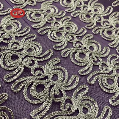 China Sustainable Hot Selling Luxury Purple Mesh Lace Silver Thread Rope Embroidery Fabric for sale