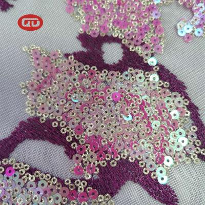 China Viable OEM Accepted Pink Soft Mesh Sequins Fabric Fancy Embroidery for sale