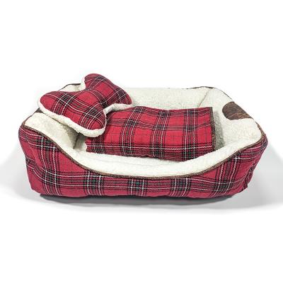 China Heating a three-piece set of pet kennel, dog blanket and toy in red and black checkered bones for sale