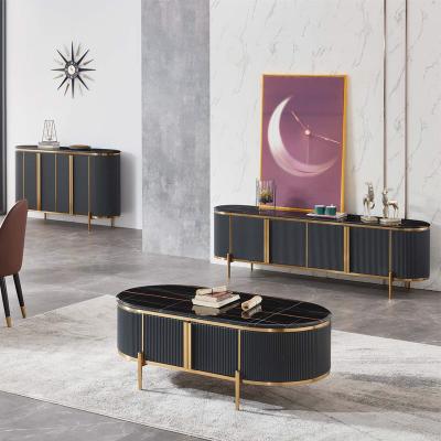 China Modern Italian Style Living Room Furniture Round Shape Gold Stainless Steel Frame Oval Coffee Table With Black Marble Top for sale