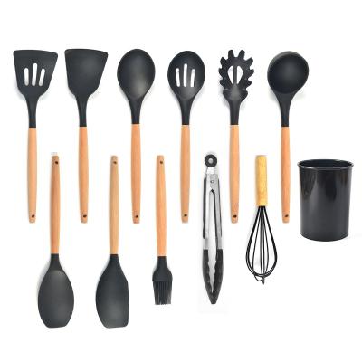 China Sustainable Wooden Kitchen Cookware 12pcs Silicone 12pcs Handle Kitchen Utensil Set for sale